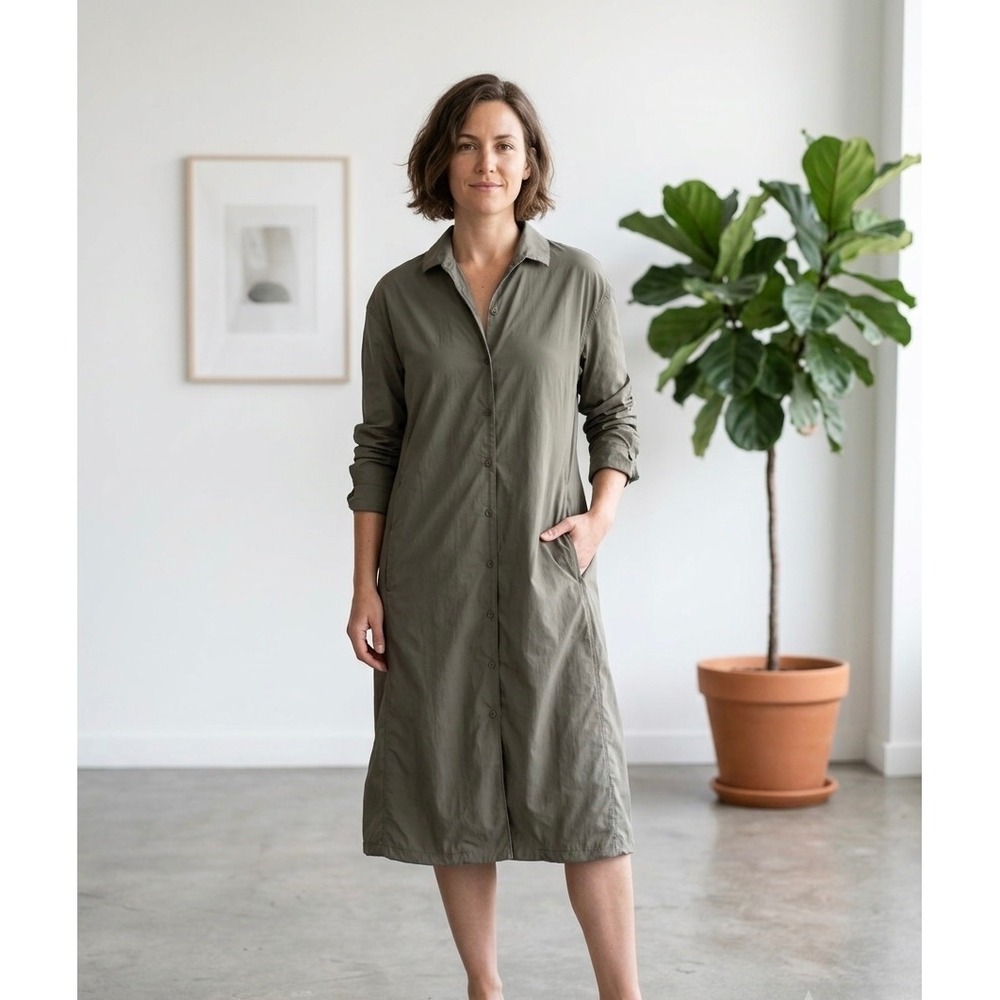 Uniqlo and Lemaire Women S Olive Green Cotton Button Front Midi Shirtdress